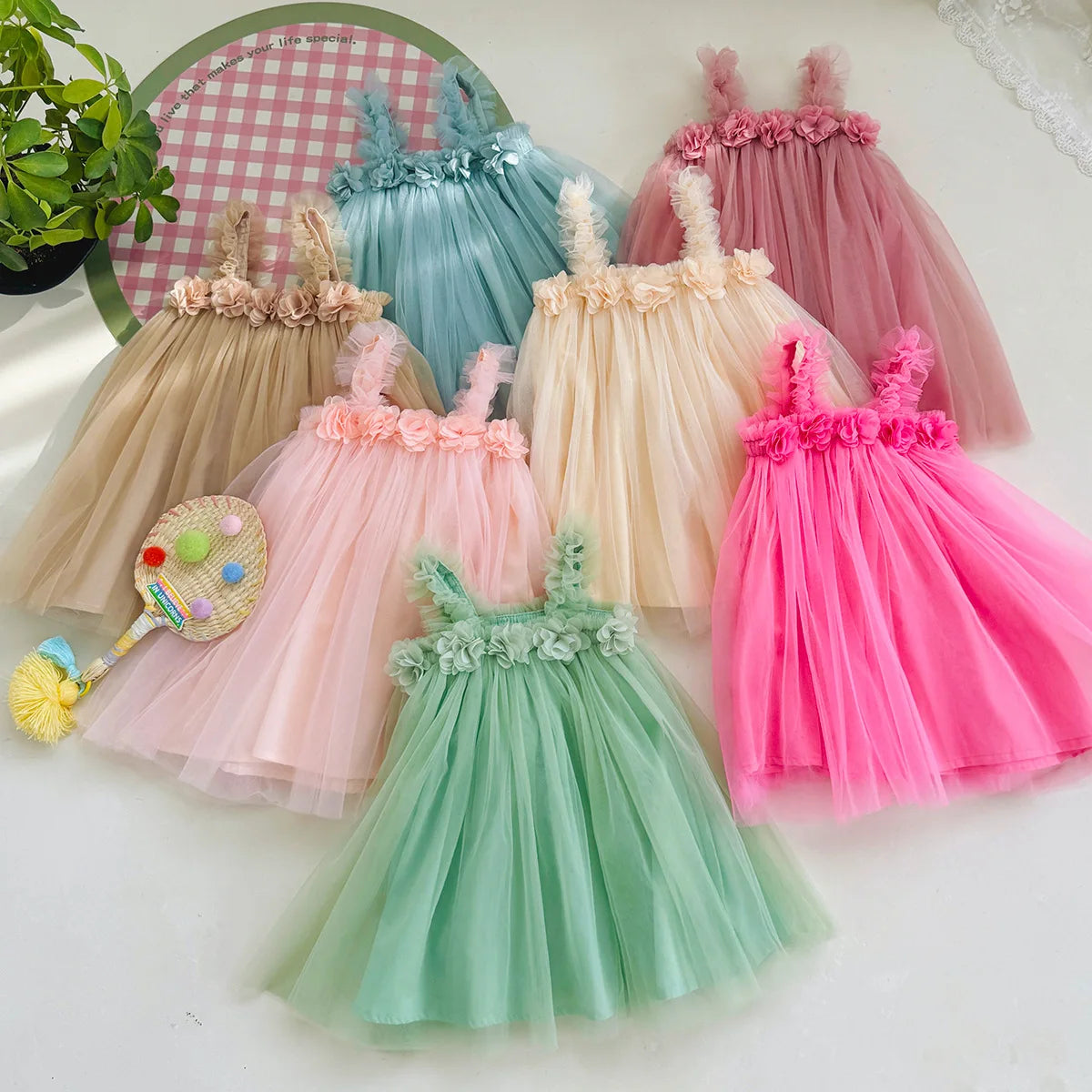 Summer Mesh Tulle Princess Slip Tutu Dresses 3D Flower Mermaid Birthday Dress for Baby Girl Clothes Sleeveless Girl Clothes