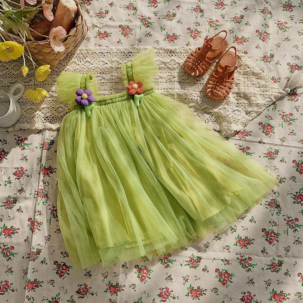 New Summer Girls Sweet Princess Dress T Sweet Princess Dress Pompous Dress Solid Color Flower Decoration(Girls 0-3 Years Old)