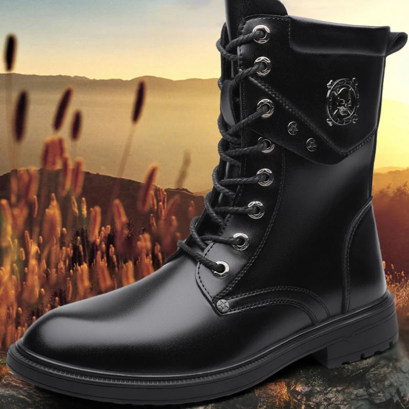 Botas tipo cuero para hombre y adolescente,  Plataforma Impermeable Cómodo Con cordones Resistente al uso Caña alta Botas de cuero para exteriores