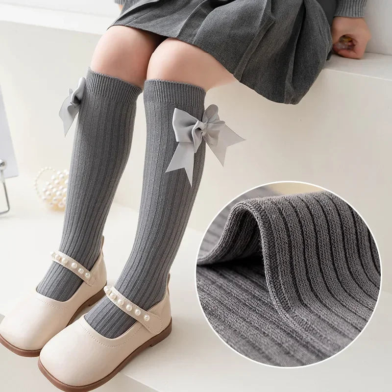 Calcetines largos con lazo para niñas, Calcetines de moda española de colores sólidos para niña, de primavera y otoño, estilo uniforme escolar