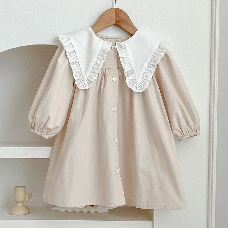 Vestido de hermoso colorido champagne con cuello blanco de muñeca,  manga larga para niñas, para primavera y otoño,