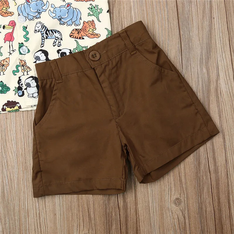 Conjunto de ropa para niños, camisa con diseño de mono y tigre, pantalones cortos verdes para verano