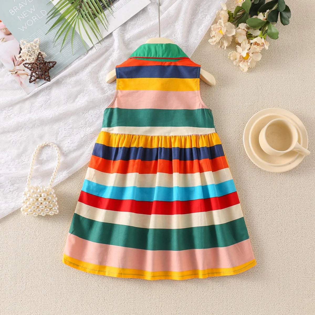 Vestido de verano Casual sin mangas para niñas, Rayas vibrante contraste de colores