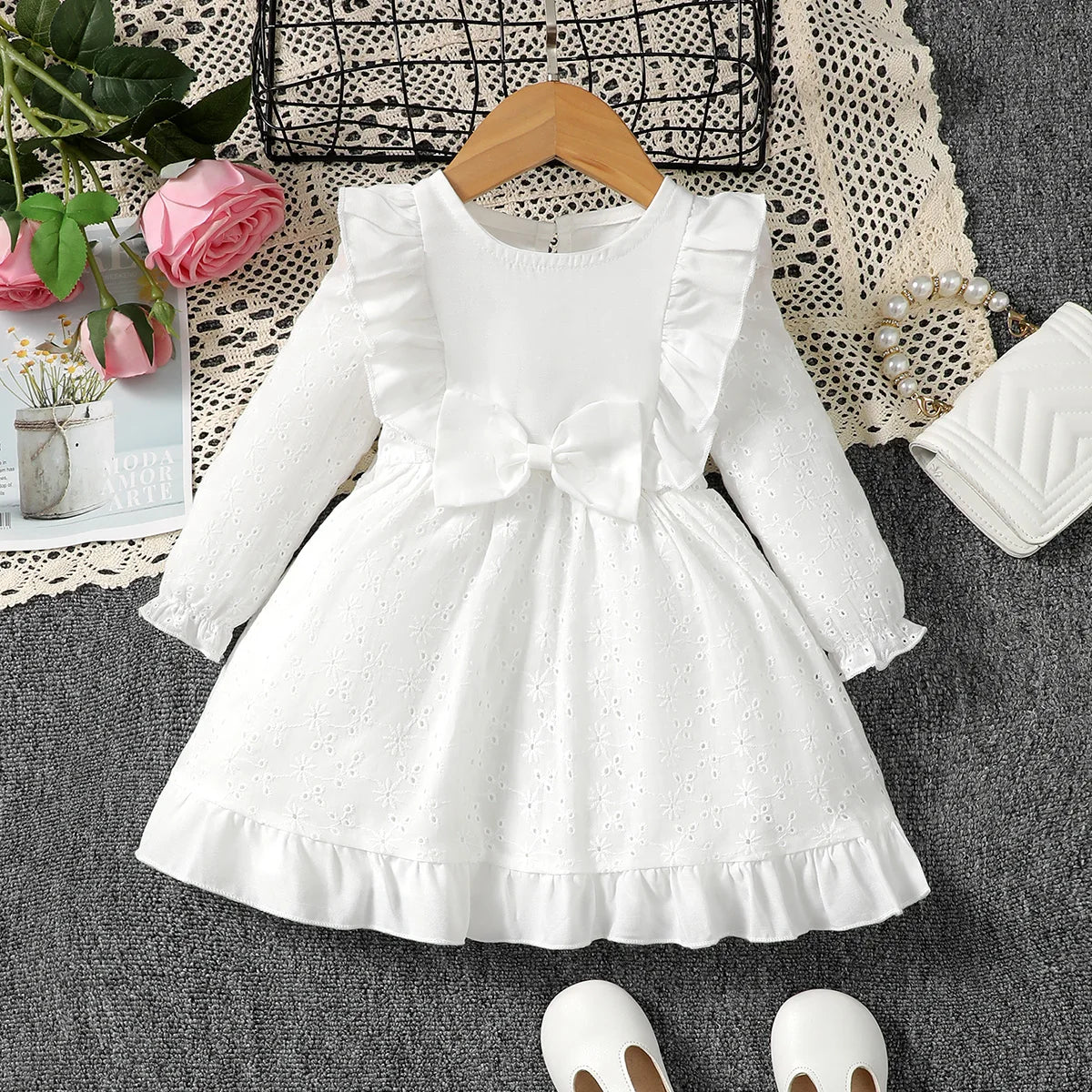 Vestido blanco de broderie con volantes y lazo de para bebé y niña, , vestido de princesa de primavera y otoño, vestido de Bautizo para bebé y niña.