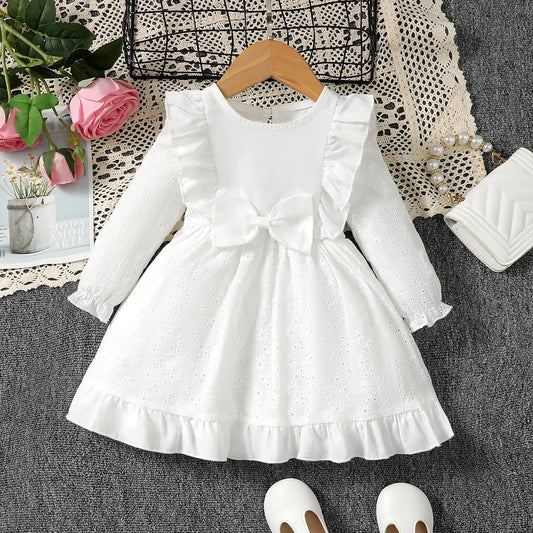 Vestido blanco de broderie con volantes y lazo de para bebé y niña, , vestido de princesa de primavera y otoño, vestido de Bautizo para bebé y niña.