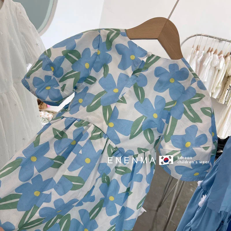 Ropa de verano Lolita azul con estampado floral para niñas, vestido casual para niñas, para fiesta de adolescentes