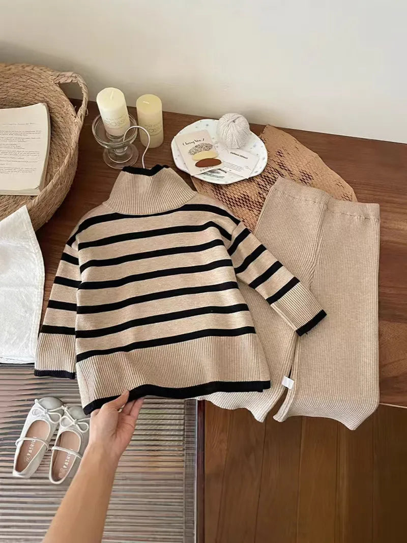 Conjunto de suéter de cuello alto y pantalón para niña, otoño invierno, suéter de punto y pantalones de pierna ancha
