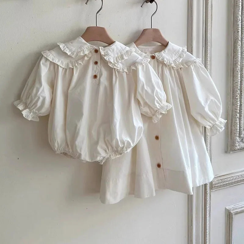 Lindo vestido estilo coreano de primavera y otoño para niña, vestido holgado con mangas abullonadas y cuello Peter Pan con volantes para bebé y niña
