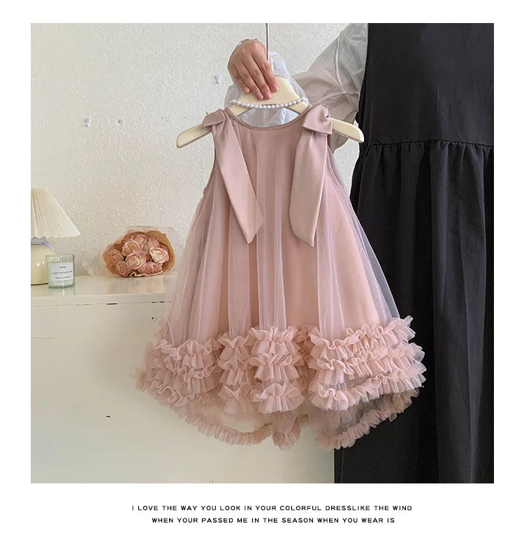 Vestido de princesa de suave tul para bebé niña y chica adolescente, vestido de verano para niñas, vestido sin mangas con lazo