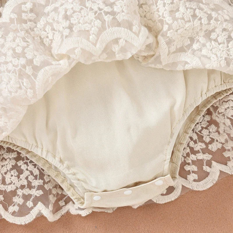 Vestido con bombacho y manga larga para recién nacidas y bebé niña, vestido de encaje floral de fiestas y de Bautizo para bebé