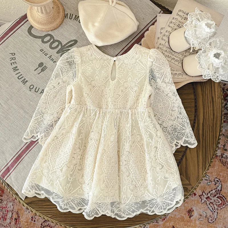 Vestido de encaje y manga larga para bebé, vestido de princesa de algodón bordado con flores de primavera, vestido de Bautizo para bebé niña
