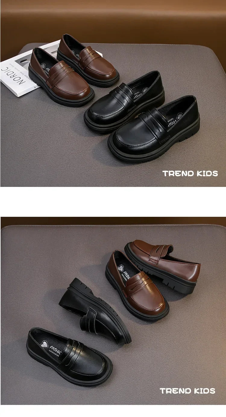 New 2024 Spring Autumn PU Leather Shoes Boys Girls Britain Style Black Brown Performance Shoes Children Slip-on Casual Loafers