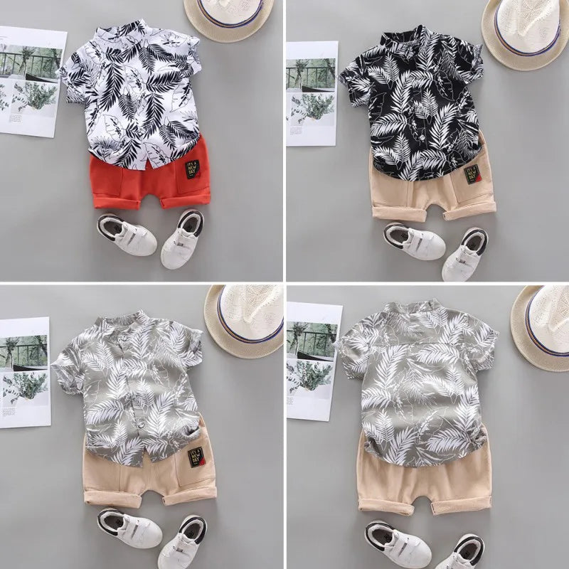 Conjunto de pantalones cortos para niño y camita con estampado de hojas, de manga corta, de verano para bebé