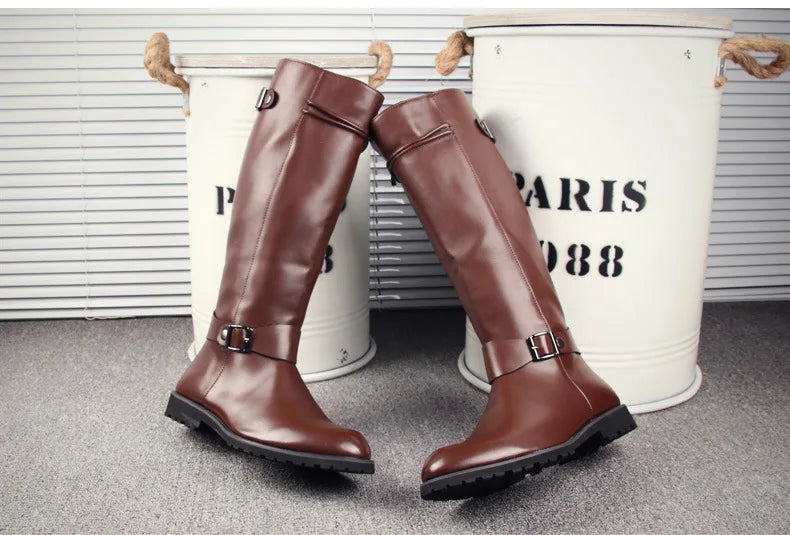 British Mens Black Leather Knee High Boots Desiger Zip Long Motorcycle Shoes Antique Cosplay Stage Botas Casual Comfort Zapatos