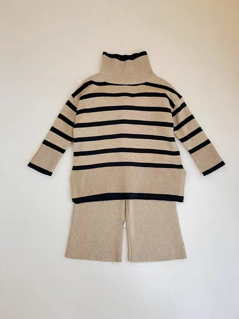 Conjunto de suéter de cuello alto y pantalón para niña, otoño invierno, suéter de punto y pantalones de pierna ancha