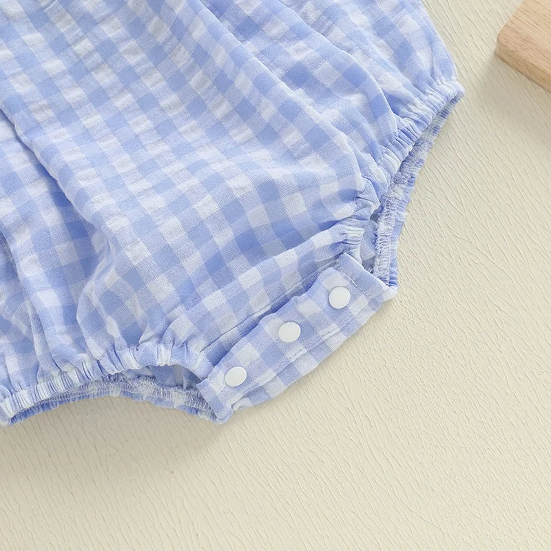 Pelele de verano para bebés, niños y niñas, mono informal con estampado a cuadros y cuello de muñeca bordado para recién nacidos, camisetas bonitas para bebés