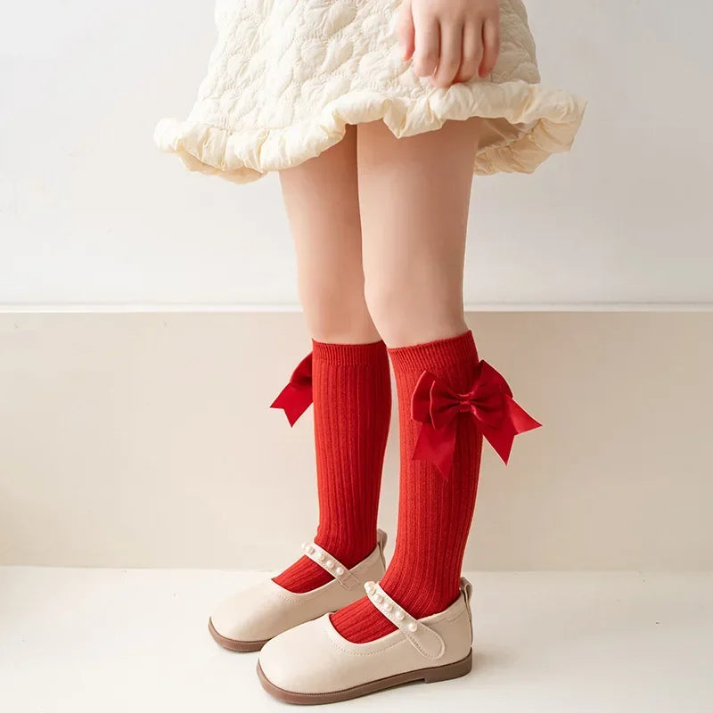Calcetines largos con lazo para niñas, Calcetines de moda española de colores sólidos para niña, de primavera y otoño, estilo uniforme escolar