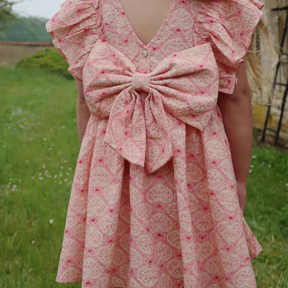 Hermosos vestidos y conjuntos estido Pastoral para niñas, Vestidos con lazo de verano para niñas