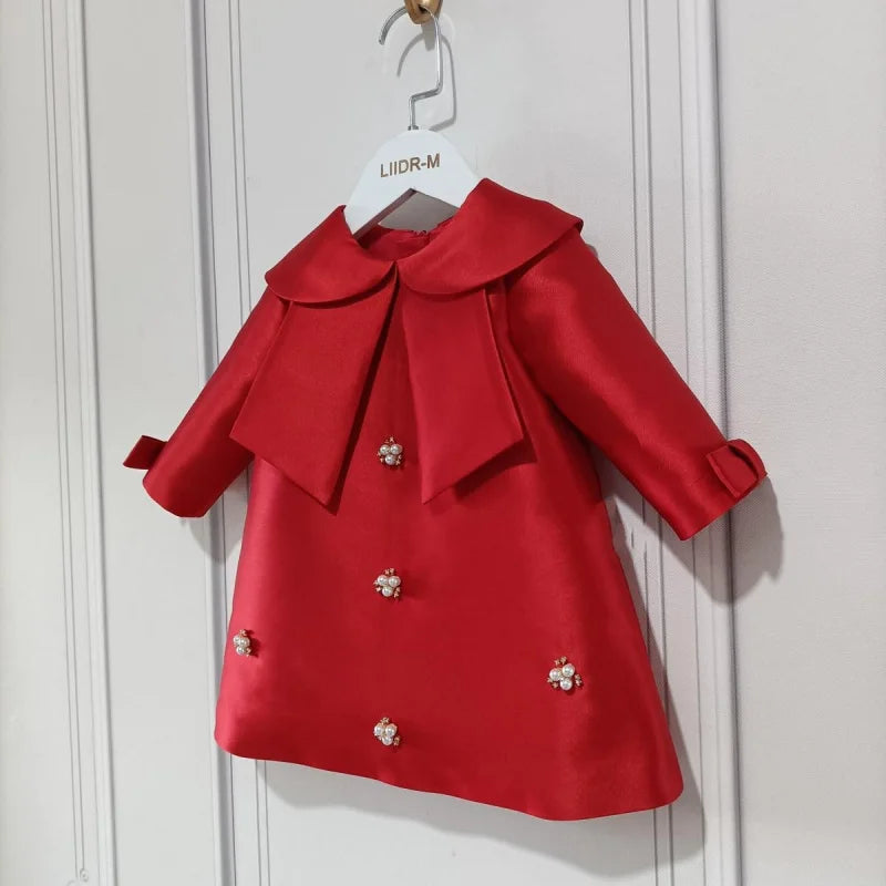 Vestido de fiesta para niña, con lazo y perlas, vestido de boda y bautizo para bebé niña y adolescente