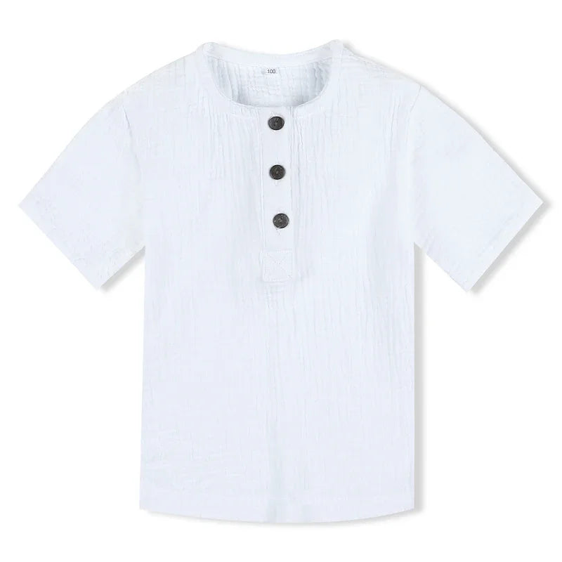 Camisas blancas de lino y algodón, manga corta para niños y niñas, blusas para niños de 90 a 140 de altura