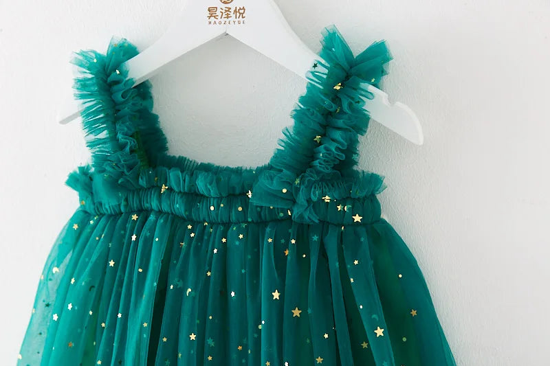 Lindo vestido de princesa de tul para niñas de Navidad, vestido de lentejuelas con estrellas para niñas pequeñas