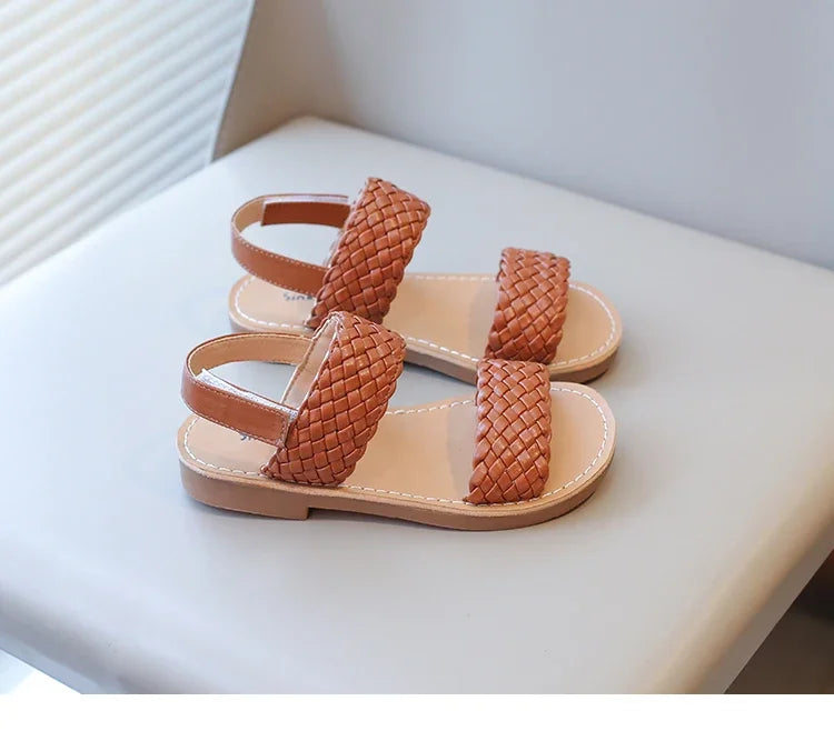 Kids Sandals for Girls 2024 Summer Girls Weave Design Sandals Children Beach Shoes Open Toes Flat Anti-skid Rubber Ankle Strap