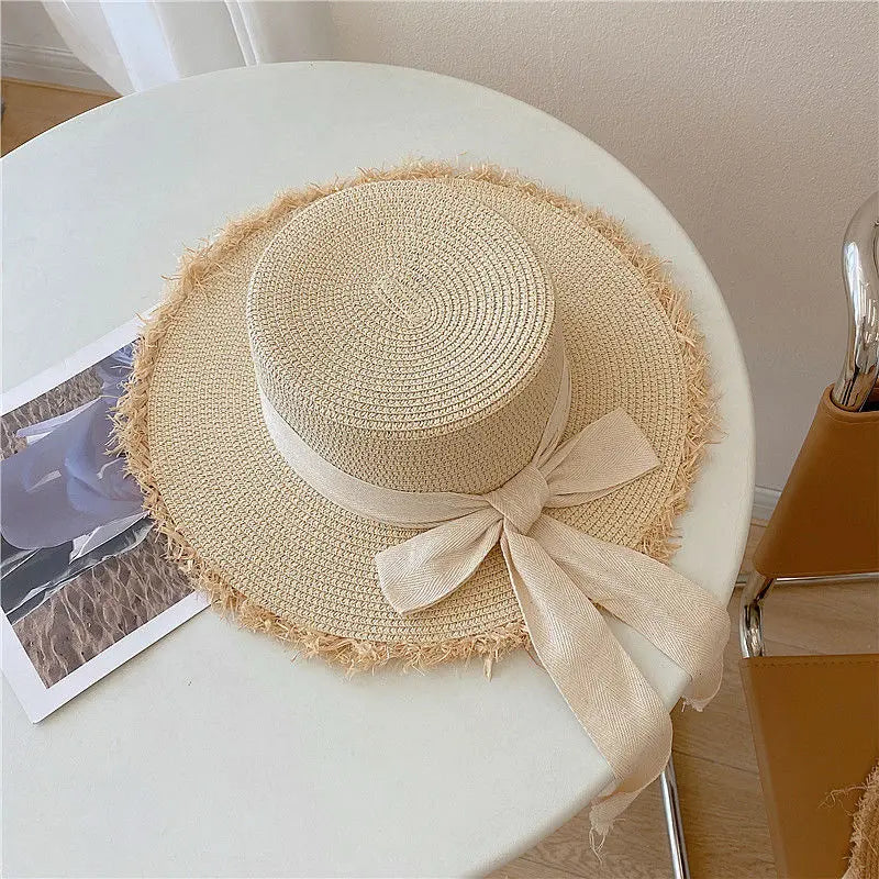 Beach HatJapanese Everything Hairy Edge Straw Hat Female Summer Flat Top Outing Sun Hat Small Fresh Bow Sun Shade Beach Hat