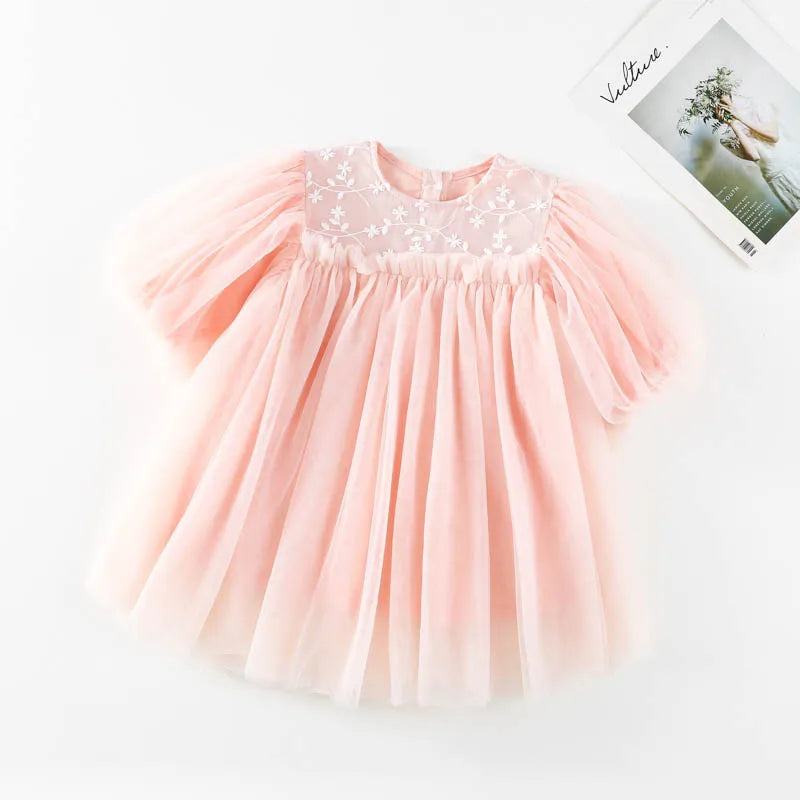 Suave vestido bordados en tul, de sueños para bebés y Niñas, para Otoño y primavera, Vestido con Mangas Abullonadas como Princesa, para fiestas y bodas. Y por qué no, para ser princesa cada día!