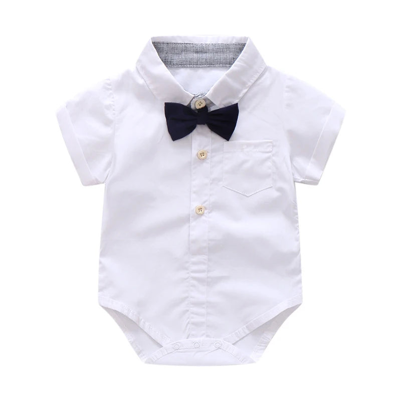 Newborn Baby Boy Summer Formal Clothes Set Bow Wedding Birthday Boys Overall Suit White Romper Shirt Toddler Gentleman Outfit