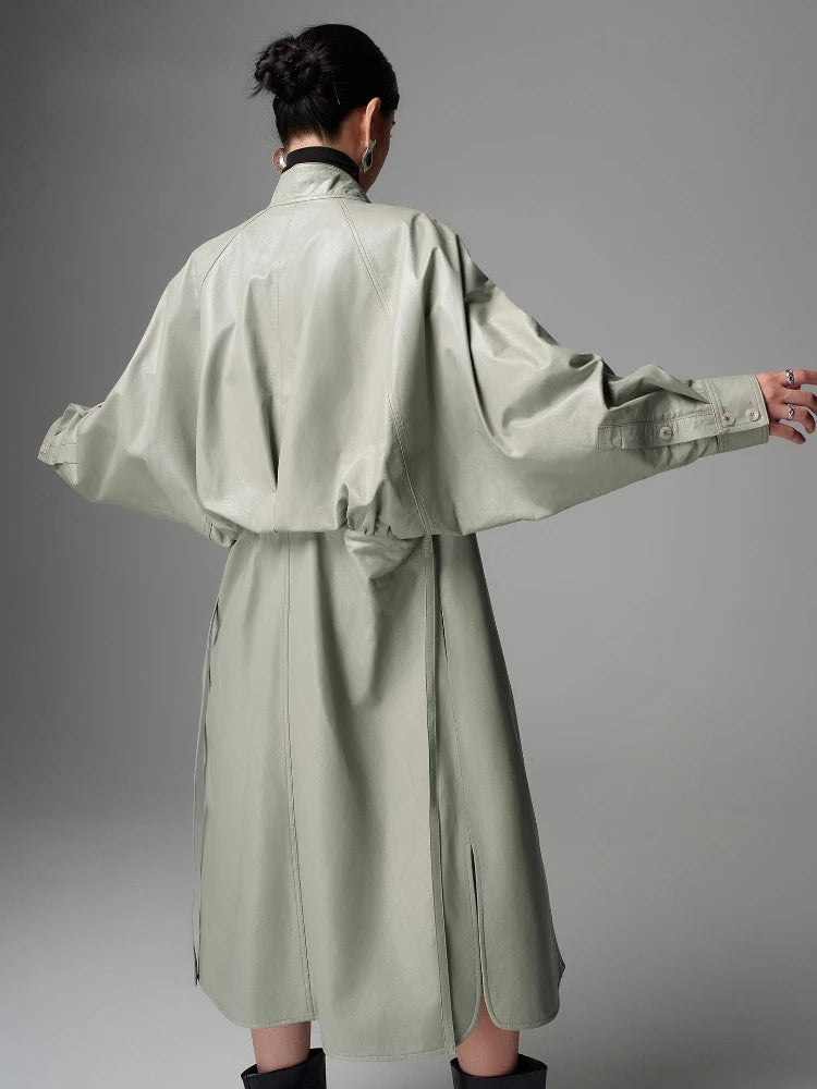 Trench de cuero de oveja genuino para mujer, con cinturón y cuello levantado de alta gama, manga de murciélago