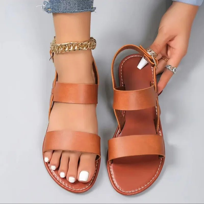 New Women Flat Sandals Leather Cross Strap Rome Style High Quality Summer Ladies Shoes  Buckle Strap Zapatos De Mujer