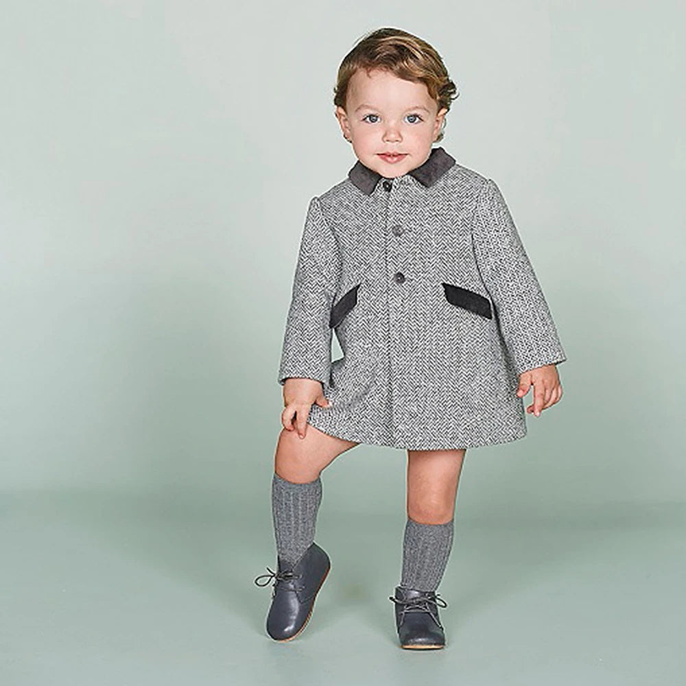 Abrigo de lana gris con estampado de espiga para niño, abrigo de invierno de boutique, Chaqueta acolchada cálida estilo británico