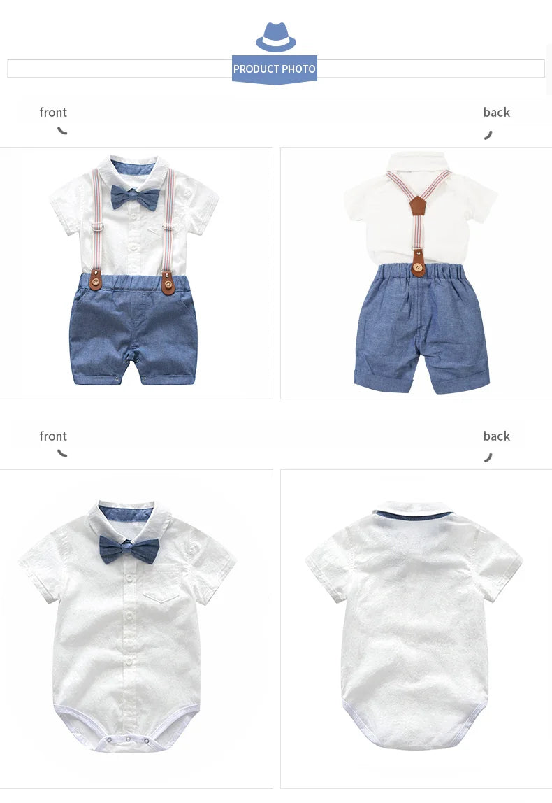 Ropa de bebé niño Trajes de caballero de verano, de cumpleaños, de fiesta para recién nacidos y toddler, de algodón suave, suspensores