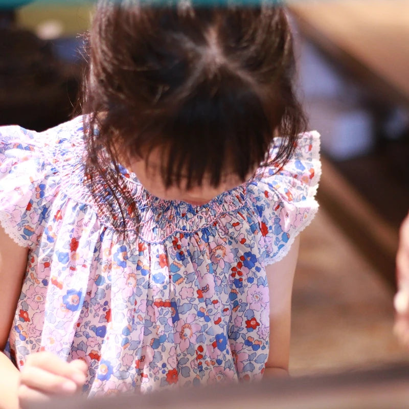 Vestido de verano para niñas pequeñas, 100 % algodón, estilo Liberty, bordado a mano, con mangas volantes, informal