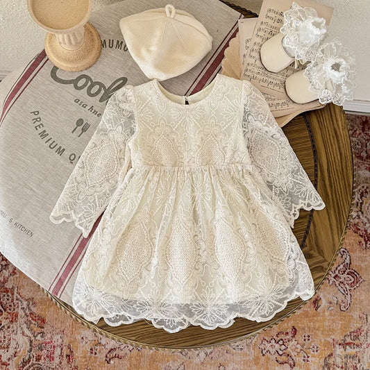 Vestido de encaje y manga larga para bebé, vestido de princesa de algodón bordado con flores de primavera, vestido de Bautizo para bebé niña