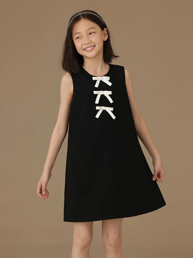 Vestido sin mangas formal para niñas, negro con coquetas cintas blancas