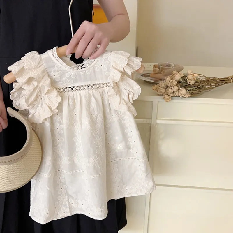 Vestido de algodón de princesa para niña, Vestido de encaje con manga de mosca para niñas de 1-10Y, vestido de flores ahuecado para bebé