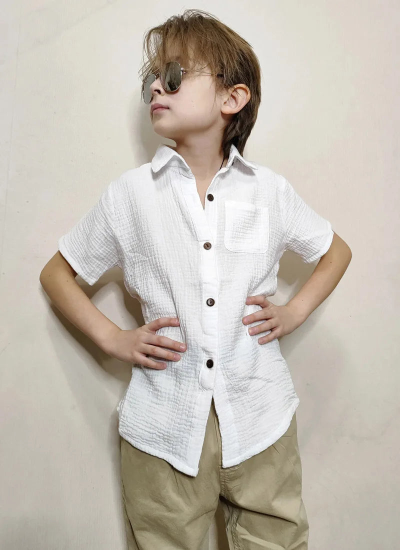 Camisas blancas de lino y algodón, manga corta para niños y niñas, blusas para niños de 90 a 140 de altura