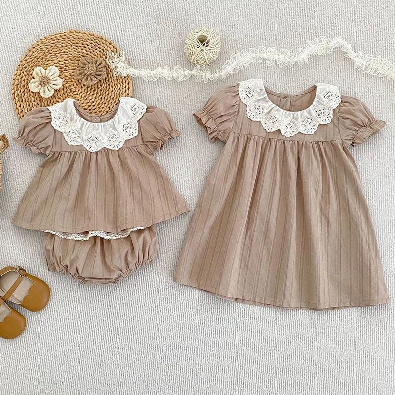 Vestido de verano para niñas de 2 a 6 años, de algodón con cuello de encaje, de princesa, Bombacho de verano para bebé