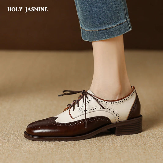 2024 Women Genuine Leather Oxford Shoes Round Toe Black White Lady Lace Up Brogues Loafers Casual Shoes for Women Leather Shoes