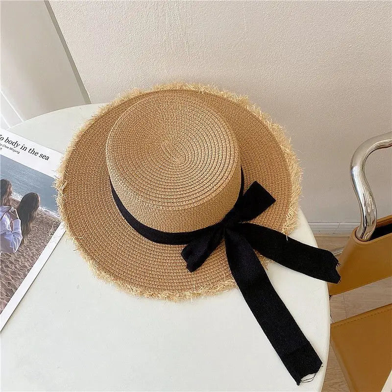 Beach HatJapanese Everything Hairy Edge Straw Hat Female Summer Flat Top Outing Sun Hat Small Fresh Bow Sun Shade Beach Hat