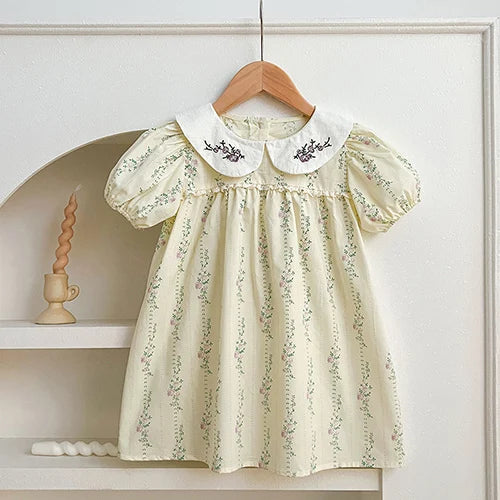 Vestidos de princesa de verano para niñas, de manga corta, de algodón, de color liso, amplio cuellos Peter Pan, para fiesta