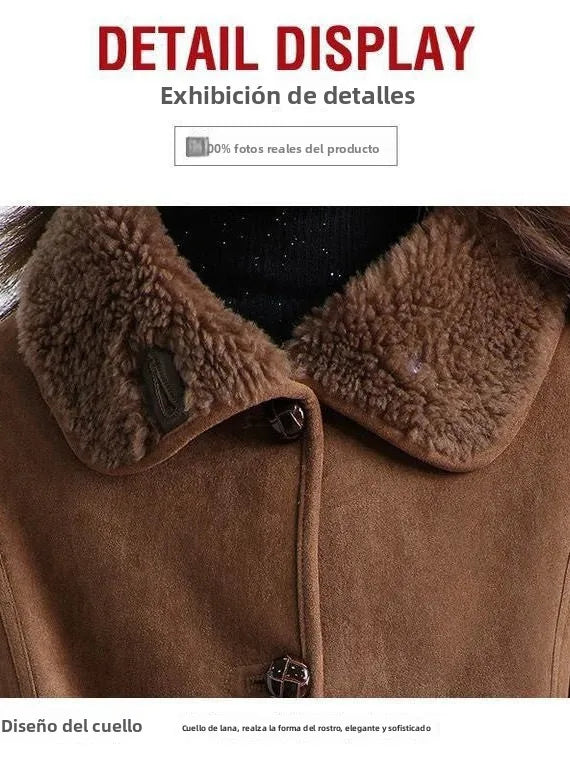 Dobbeltsidet lammeskinds læderjakke til kvinder, moderigtig vinterfrakke, elegant stil til arbejdet, slim fit...