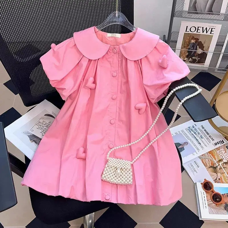 Vestido de verano para niñas de 2 a 10 años, bonito, con decoración de corazón y cuello abatible, vestido con hermosas mangas abullonadas para niña