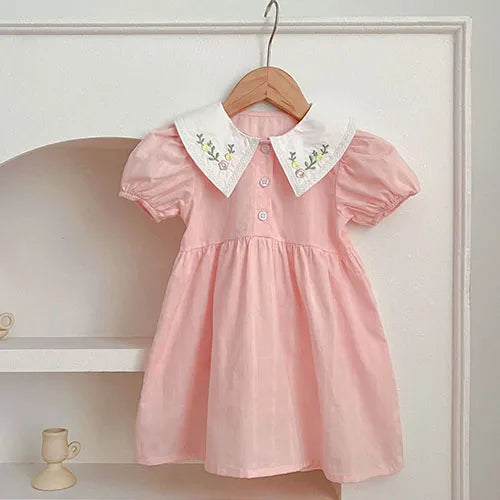 Vestidos de princesa de verano para niñas, de manga corta, de algodón, de color liso, amplio cuellos Peter Pan, para fiesta