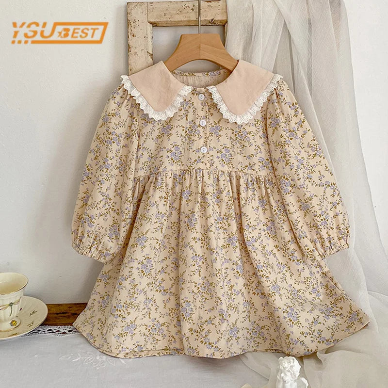 Vestido media estación de manga larga para niñas, estampado de flores cuello de muñeca en beige