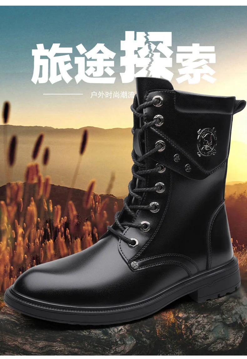 Botas tipo cuero para hombre y adolescente,  Plataforma Impermeable Cómodo Con cordones Resistente al uso Caña alta Botas de cuero para exteriores