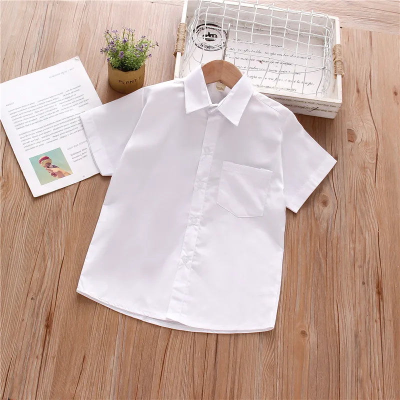 New Summer Boys Shirt Short Sleeve Button A Line Collar Simple White Shirt Light Pocket Decoration Casual