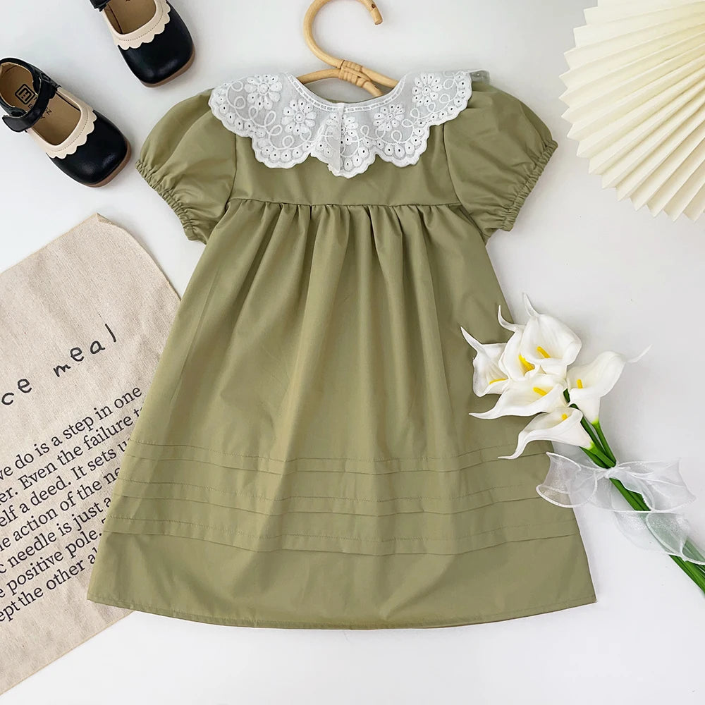 Vestido de verano para niñas, cuello de encaje, mangas abullonadas, elegante, para bebés, vestidos de princesa para cumpleaños, ropa para niños