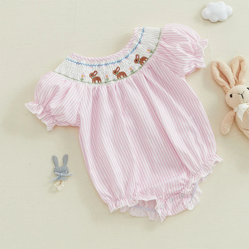 Newborn Baby Bunny Romper Puff Sleeve Smoky Striped Bubble Jumpsuit My First Easter Outfit Sommertøj
